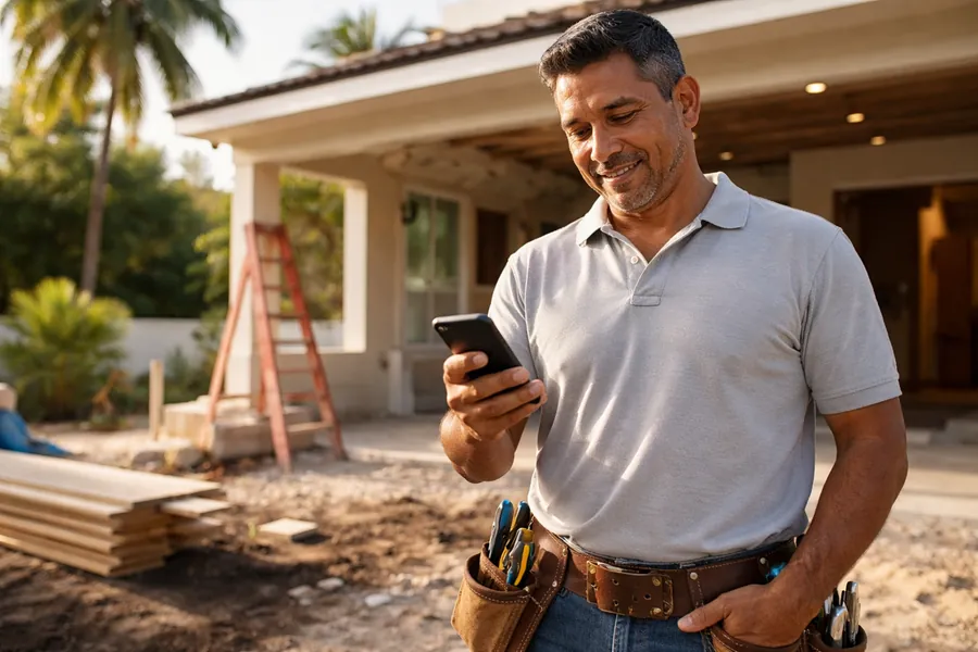 A contractor updating his website from his phone