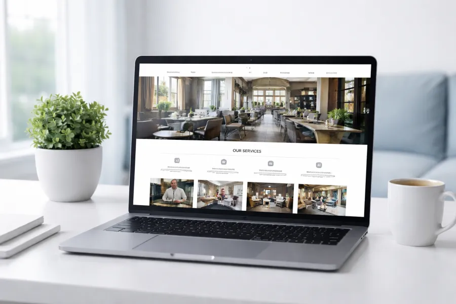 A business website open on a laptop